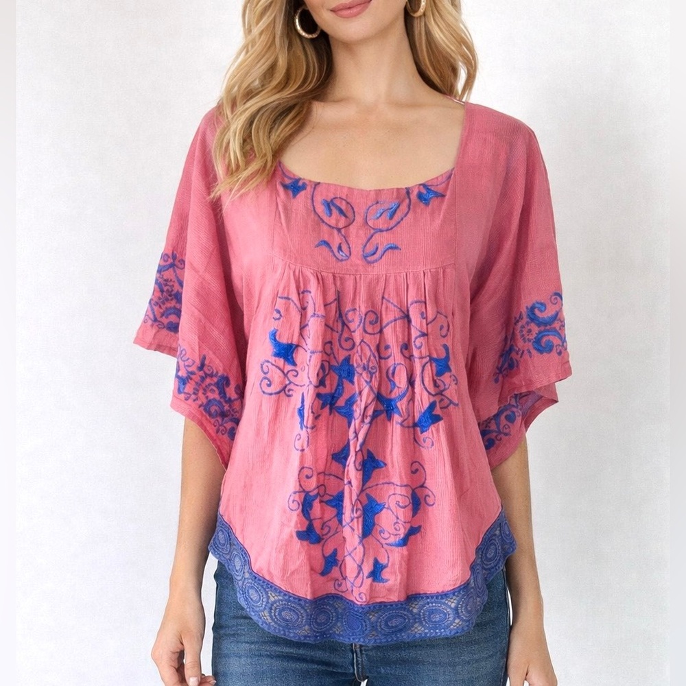 Sundance Pink with Blue Embroidery Top Size S